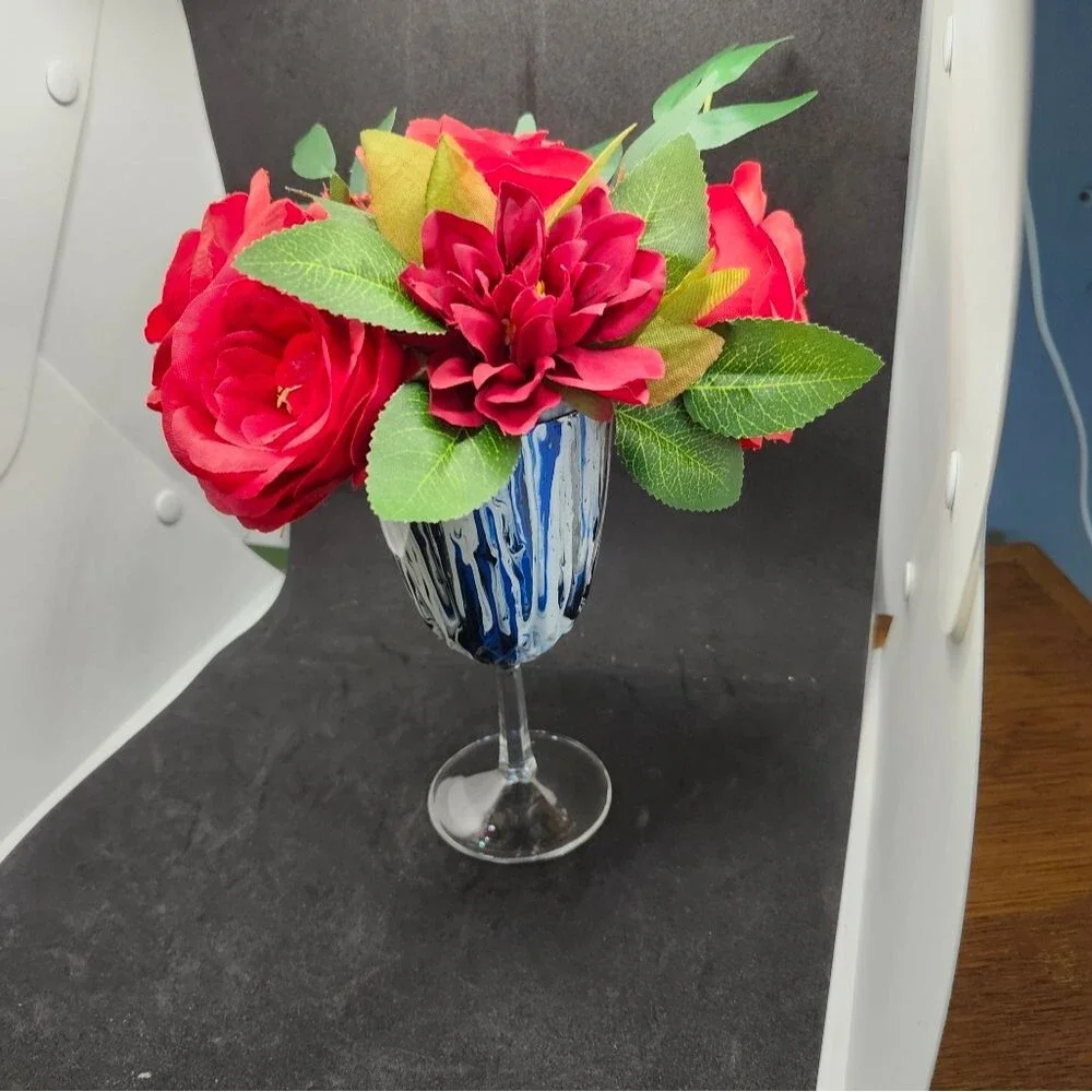 Hand Crafted Floral Table Centerpiece Summer Red Roses Flower Wine Glass